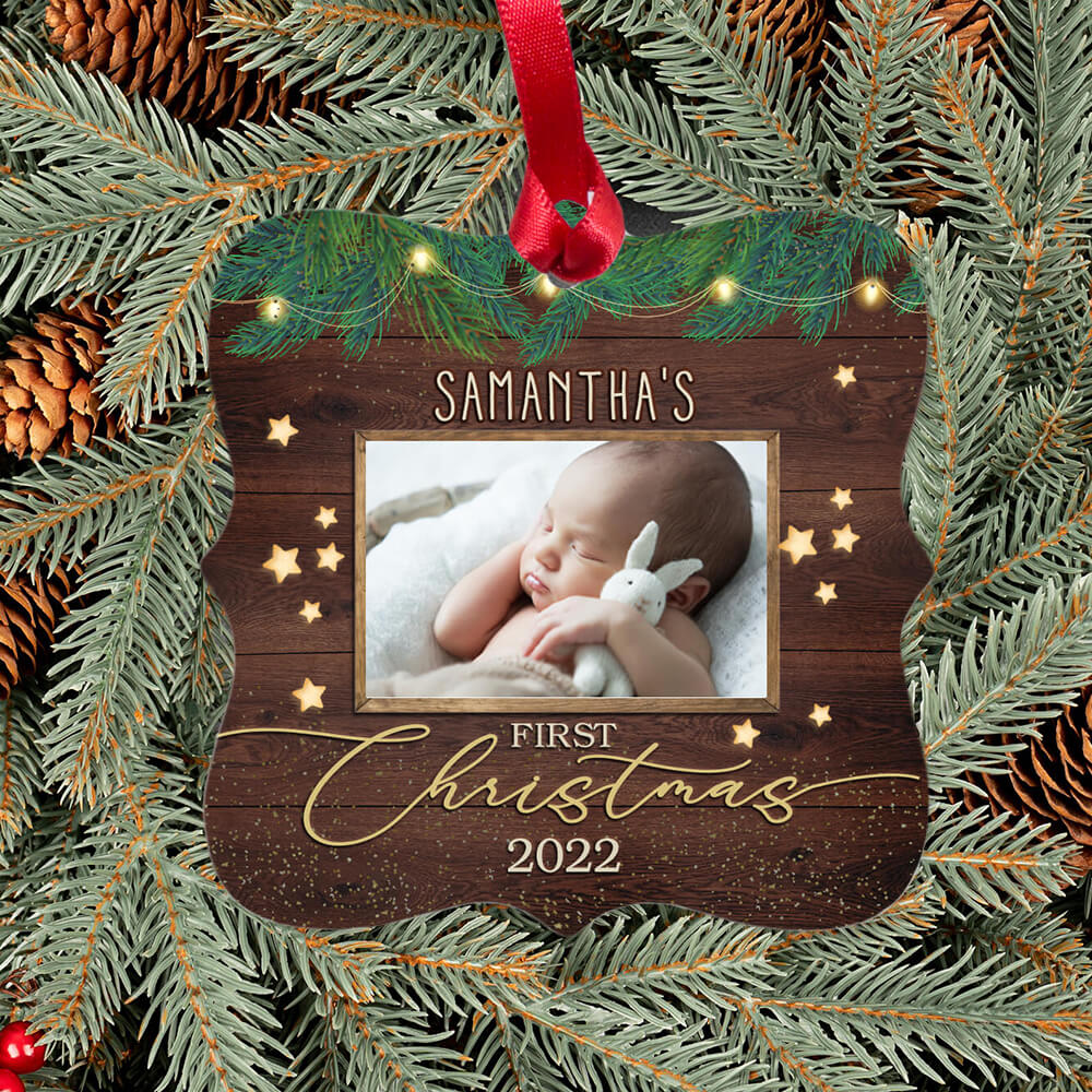 Personalized Square Metal Ornament gifts - Baby First Christmas - Rustic Wooden Picture Frame Custom Photo