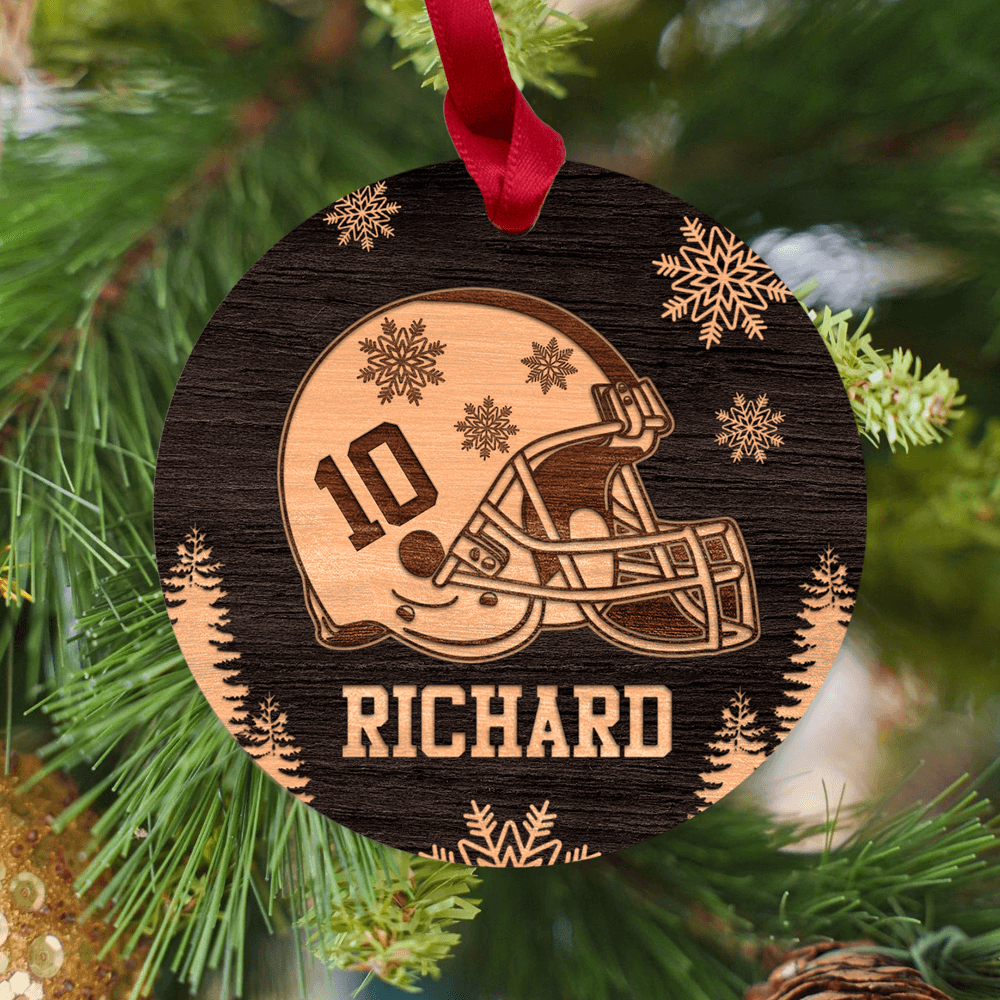 Personalized Christmas Maple Round Ornament gifts - Football Helmet - Custom name, number