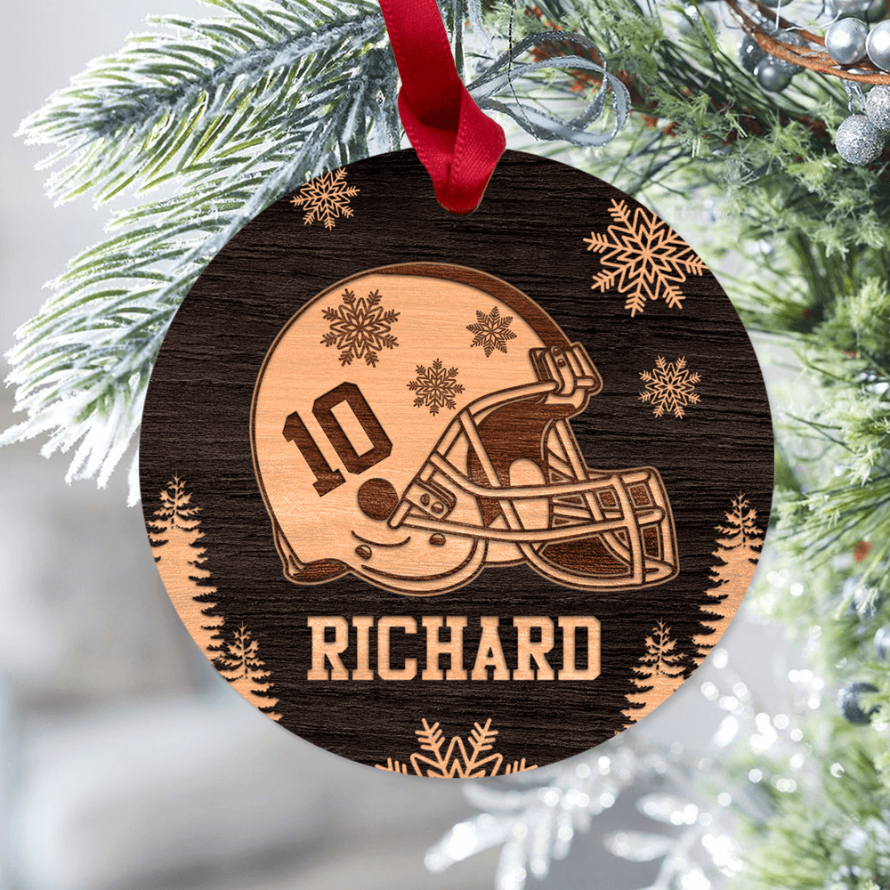 Personalized Christmas Maple Round Ornament gifts - Football Helmet - Custom name, number
