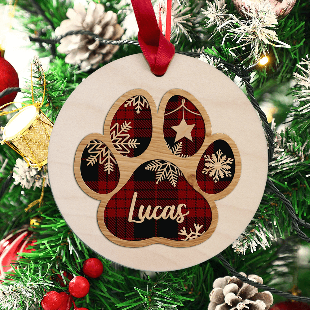Personalized Christmas Maple Round Ornament gifts for dog cat lovers - Paw Print