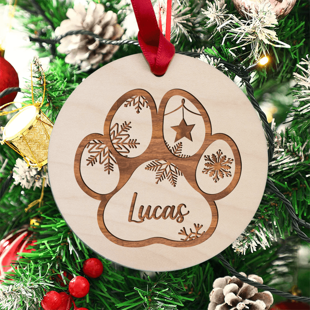 Personalized Christmas Maple Round Ornament gifts for dog cat lovers - Paw Print