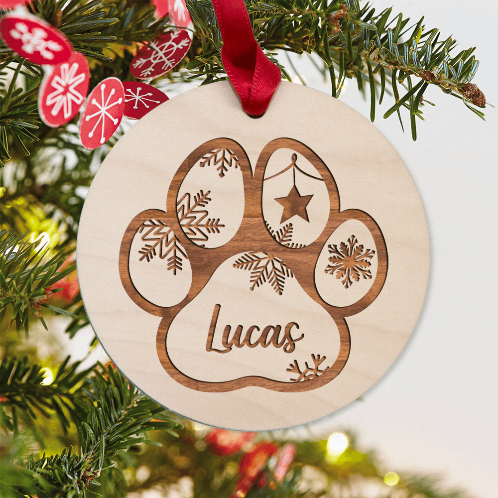 Personalized Christmas Maple Round Ornament gifts for dog cat lovers - Paw Print