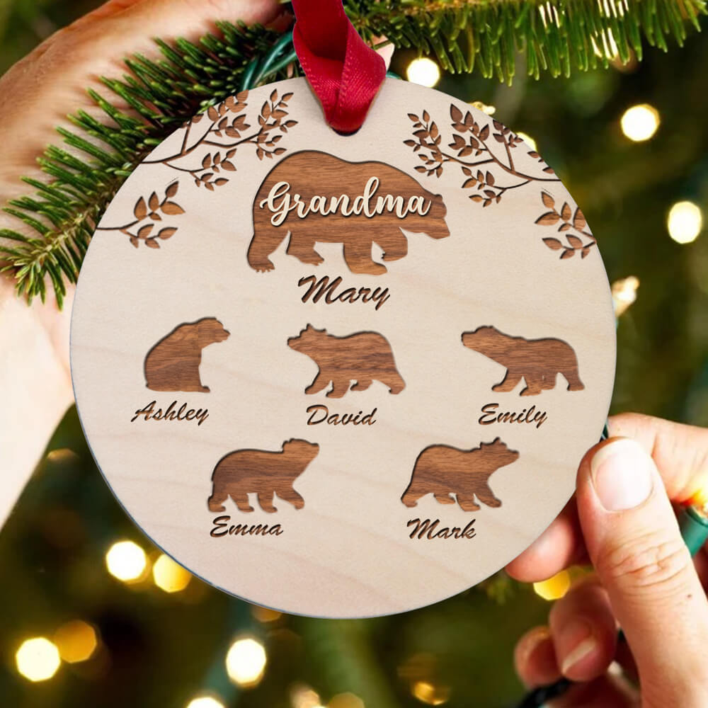 Personalized Grandma Bear Maple Round Ornament gifts - Custom Names