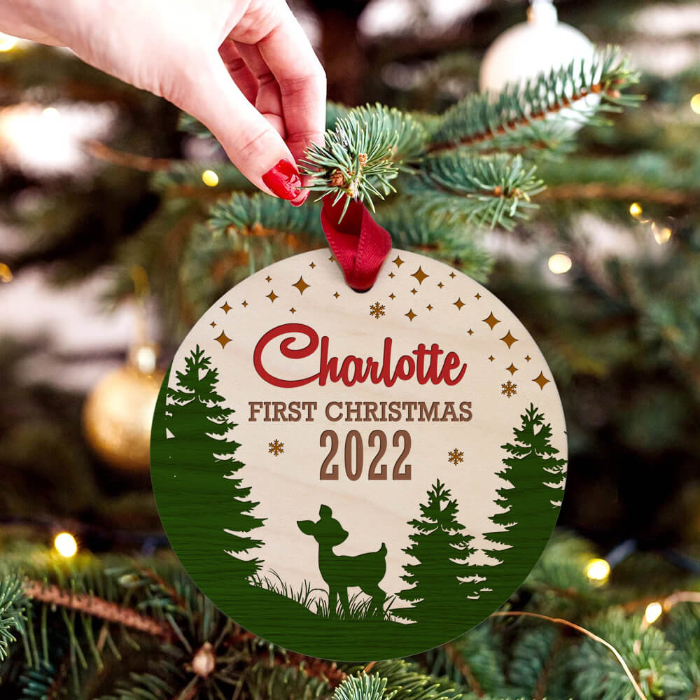 Personalized Christmas Maple Round Ornament gifts - Baby First Christmas