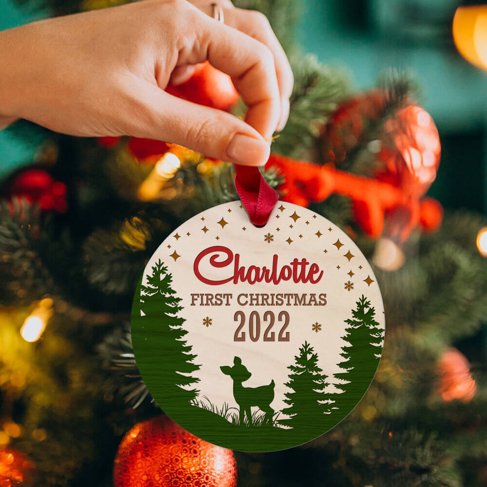 Personalized Christmas Maple Round Ornament gifts - Baby First Christmas