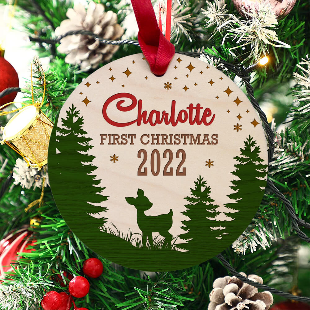 Personalized Christmas Maple Round Ornament gifts - Baby First Christmas