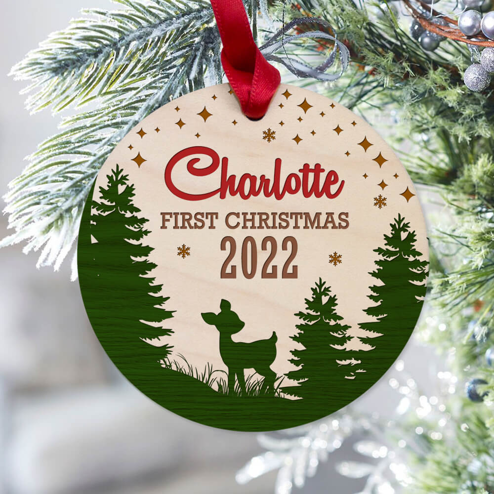 Personalized Christmas Maple Round Ornament gifts - Baby First Christmas