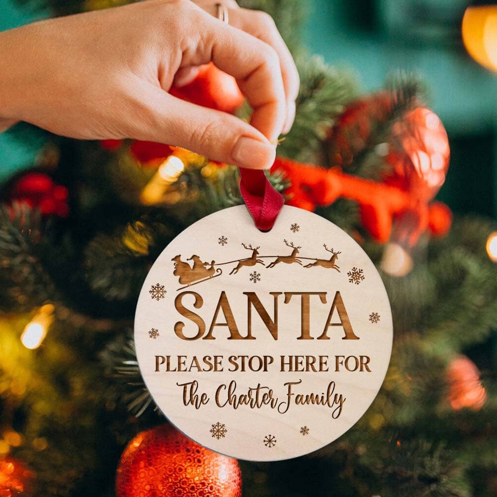 Personalized Christmas Maple Round Ornament gifts for family - Santa please stop here