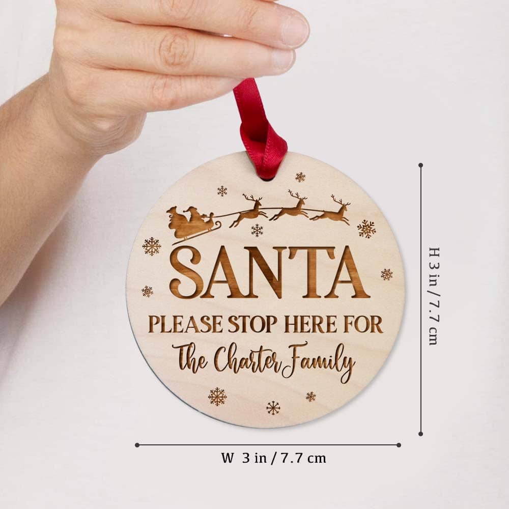 Personalized Christmas Maple Round Ornament gifts for family - Santa please stop here