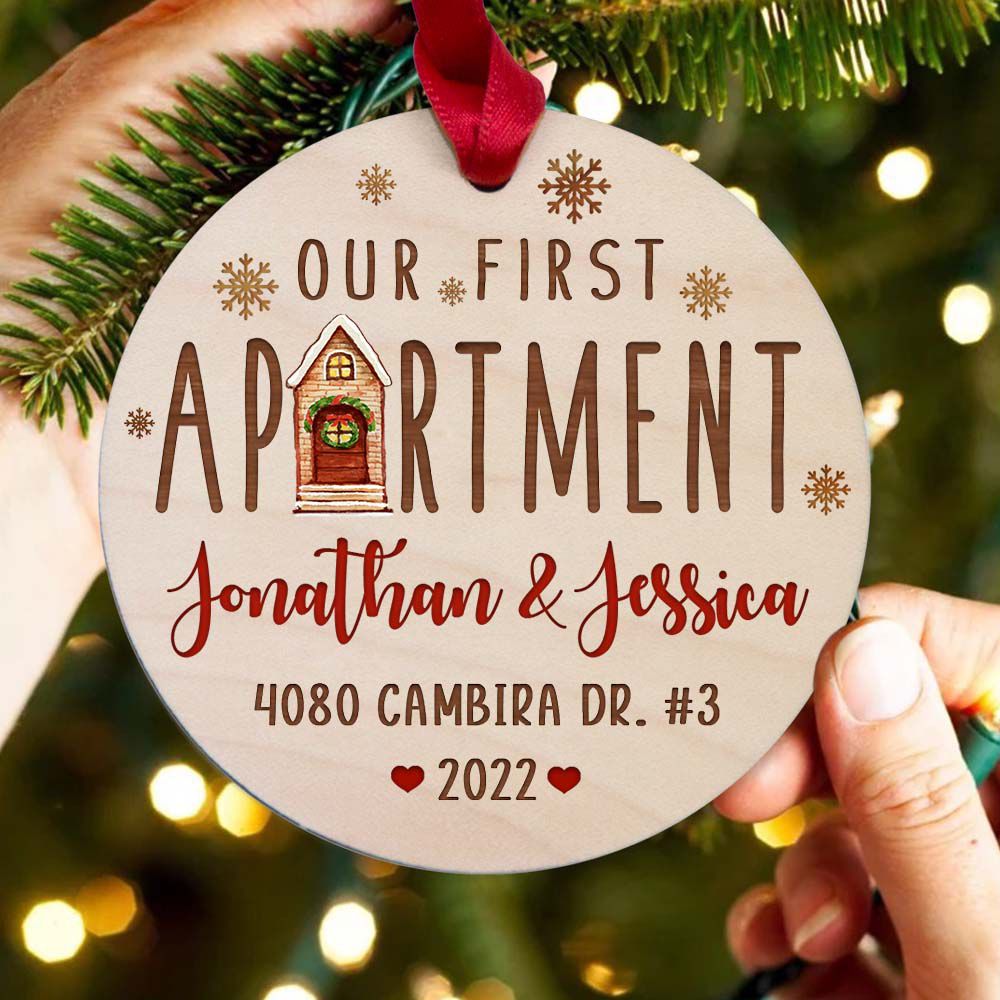 Personalized Christmas Maple Round Ornament gifts for him for her - Our First Apartment