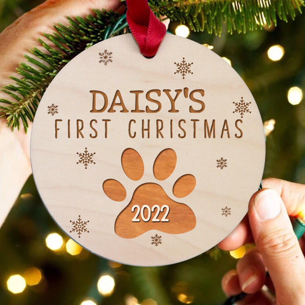 Personalized First Christmas Maple Round Ornament gifts - Puppy first Christmas - Custom Name &amp; Year