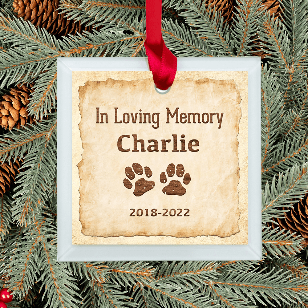 Personalized Dog Cat Memorial Glass Square Ornament gifts - Old Paper - Custom Name &amp; Date