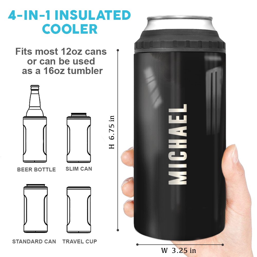 4-in-1 Skinny Can Cooler Double Wall Stainless Steel Insulated Can Holder,  Works With 12 Oz Slim Can,Standard Cans,Beer Bottles & As Pint Cups(Black)