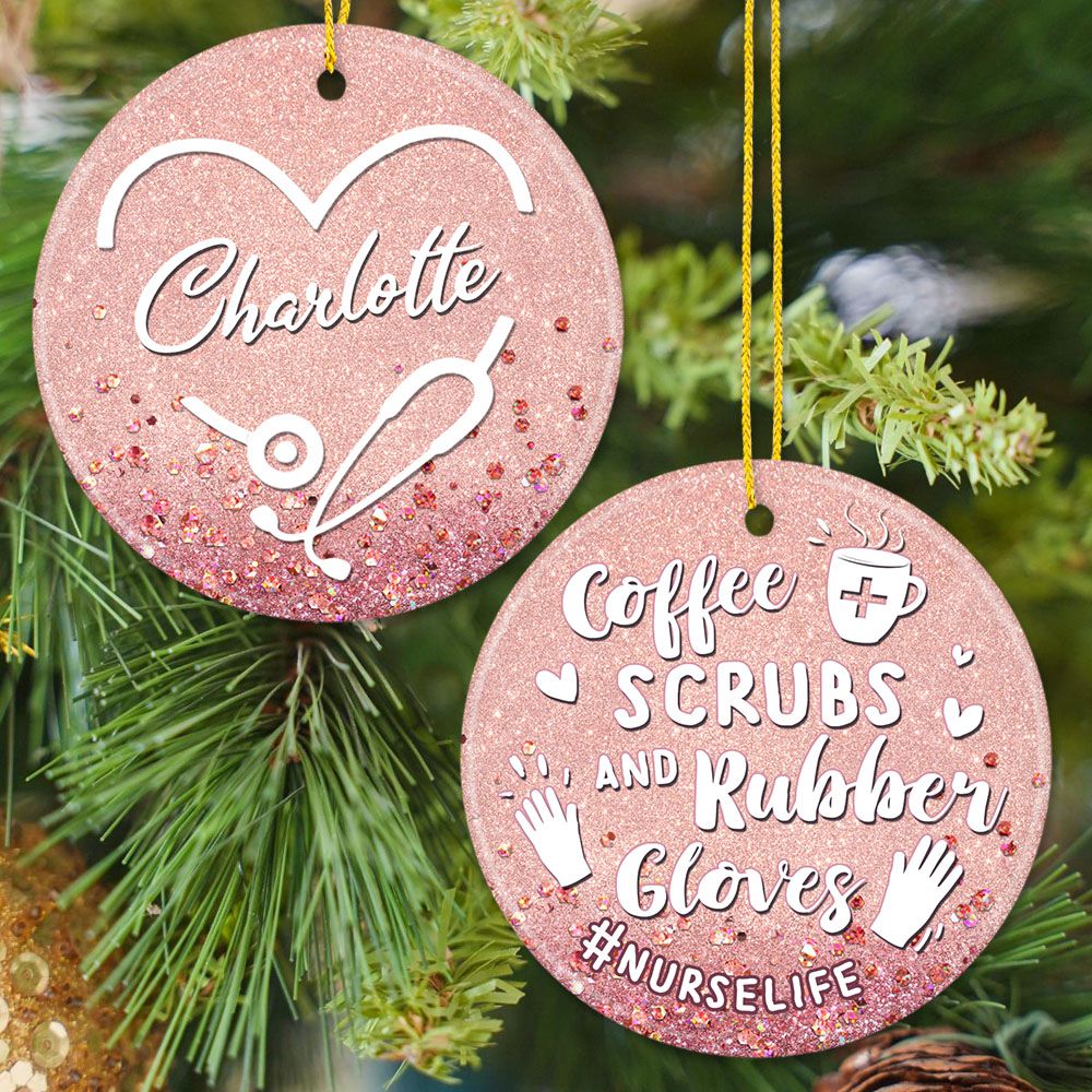 Personalized Nurse Ceramic Ornament Gifts - Coffee Scrubs Rubber Gloves - Custom Name