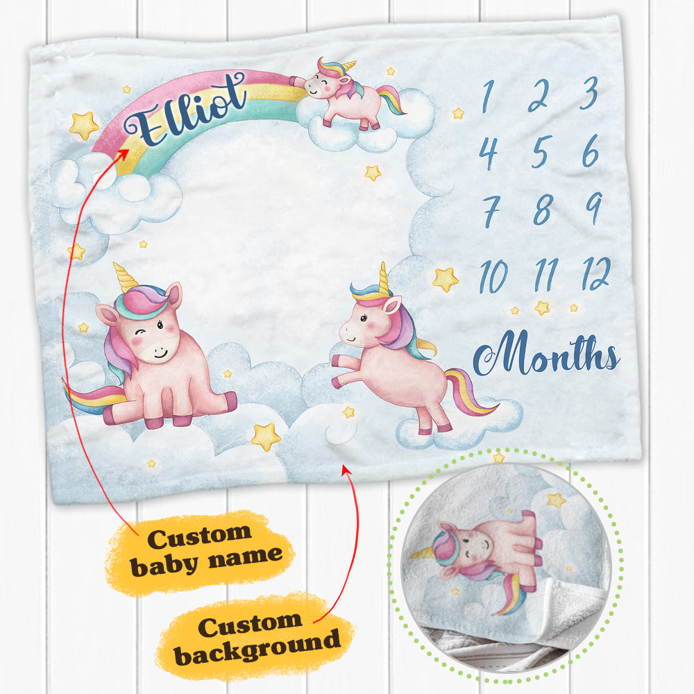 Personalized baby milestone fleece blanket - Cute unicorn background