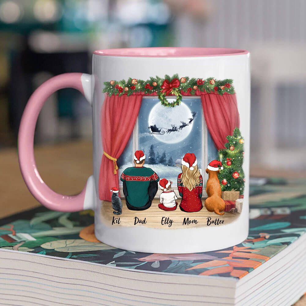 Personalized gifts for the whole family with dog, cat accent mug - Up to 5 people &amp; pets - Waiting for Santa