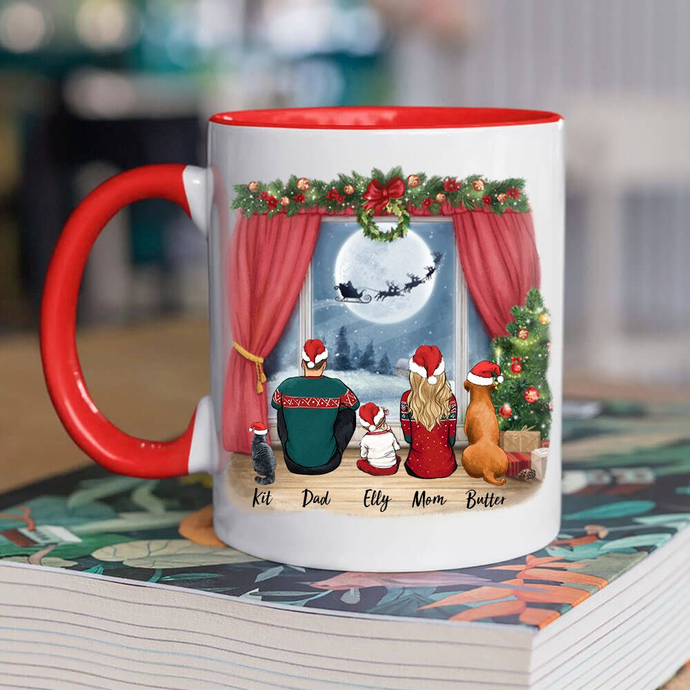 Personalized gifts for the whole family with dog, cat accent mug - Up to 5 people &amp; pets - Waiting for Santa