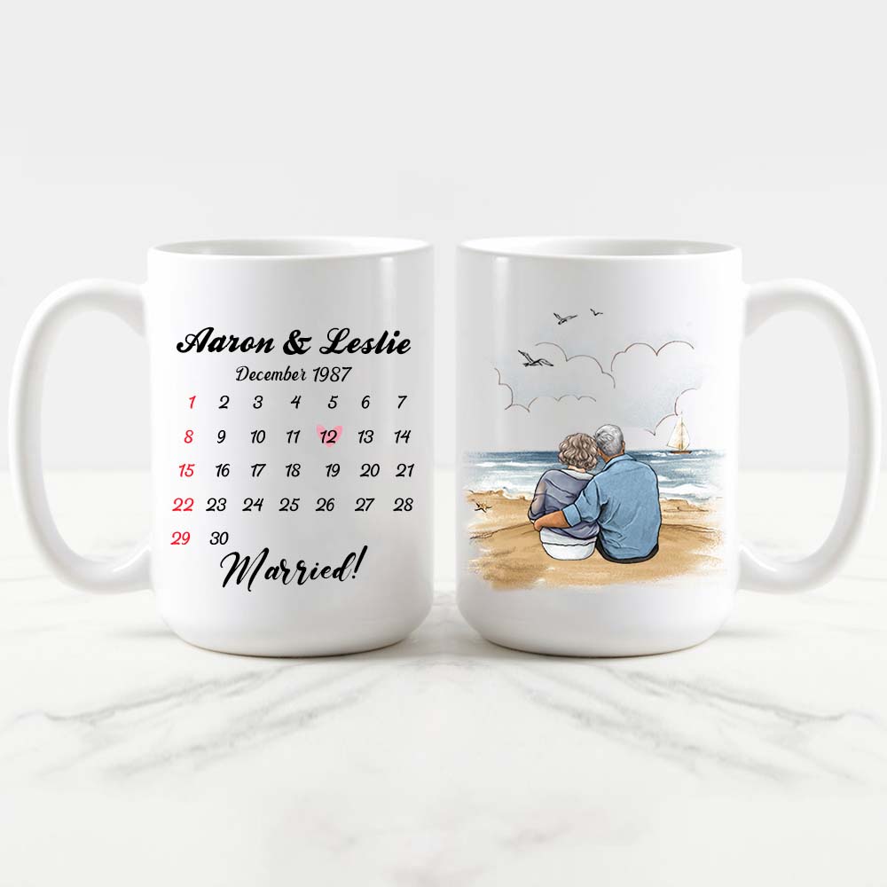 Personalized Anniversary Calendar Coffee Mug - old couple