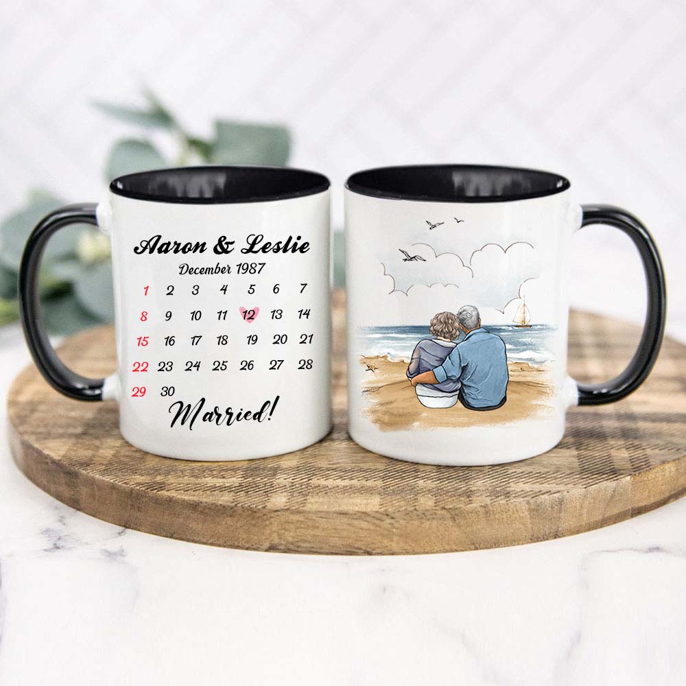 Personalized Anniversary Calendar Accent Mug Gifts For Him For Her Couple Beach