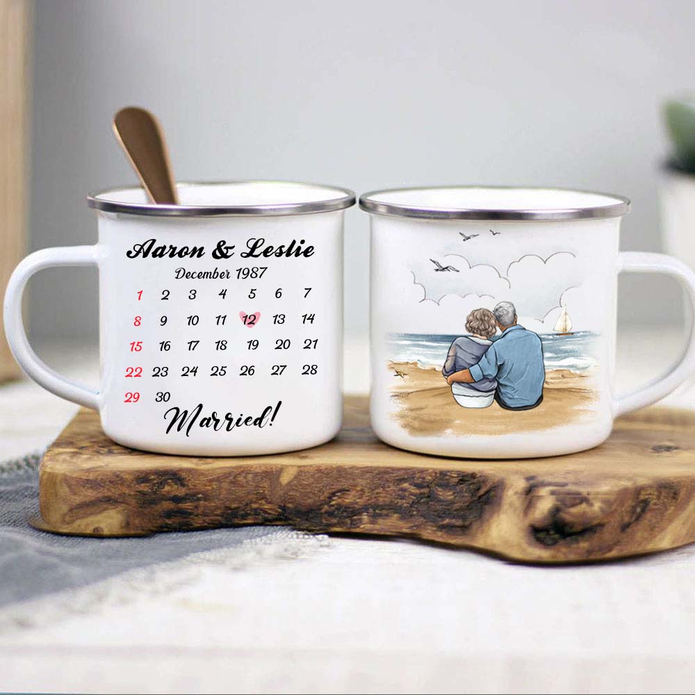 Personalized anniversary calendar campfire mug gifts for him for her - Beach