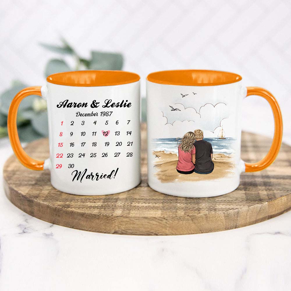 Personalized Anniversary Calendar Accent Mug Gifts For Him For Her Couple Beach