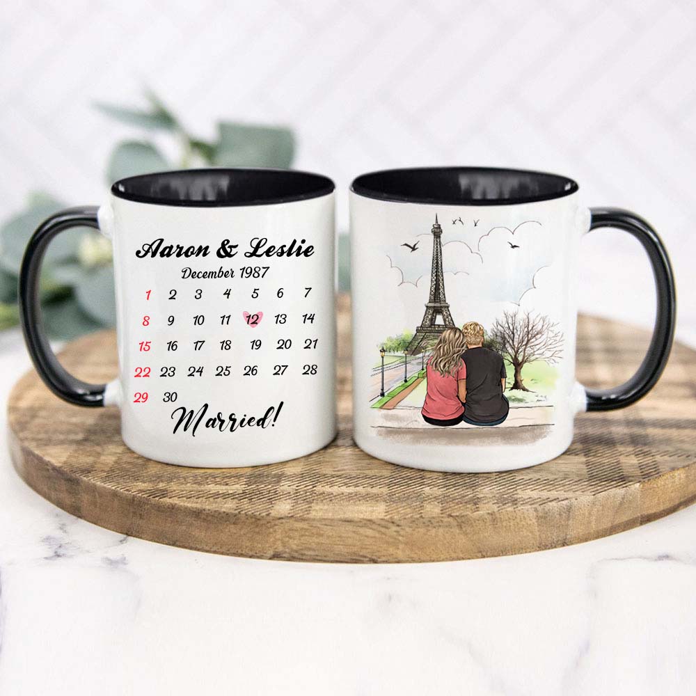 Personalized Anniversary Calendar Accent Mug Gifts For Him For Her Couple Eiffel Tower