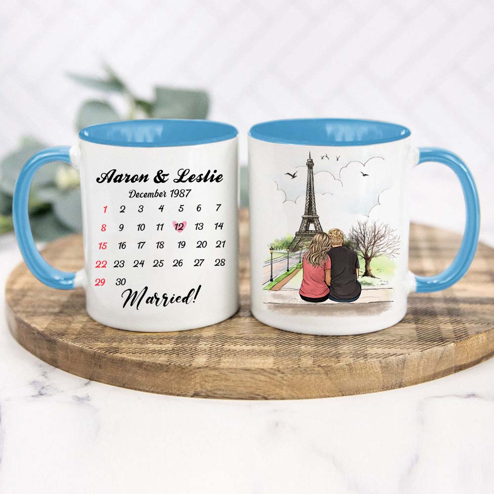 Personalized Anniversary Calendar Accent Mug Gifts For Him For Her Couple Eiffel Tower