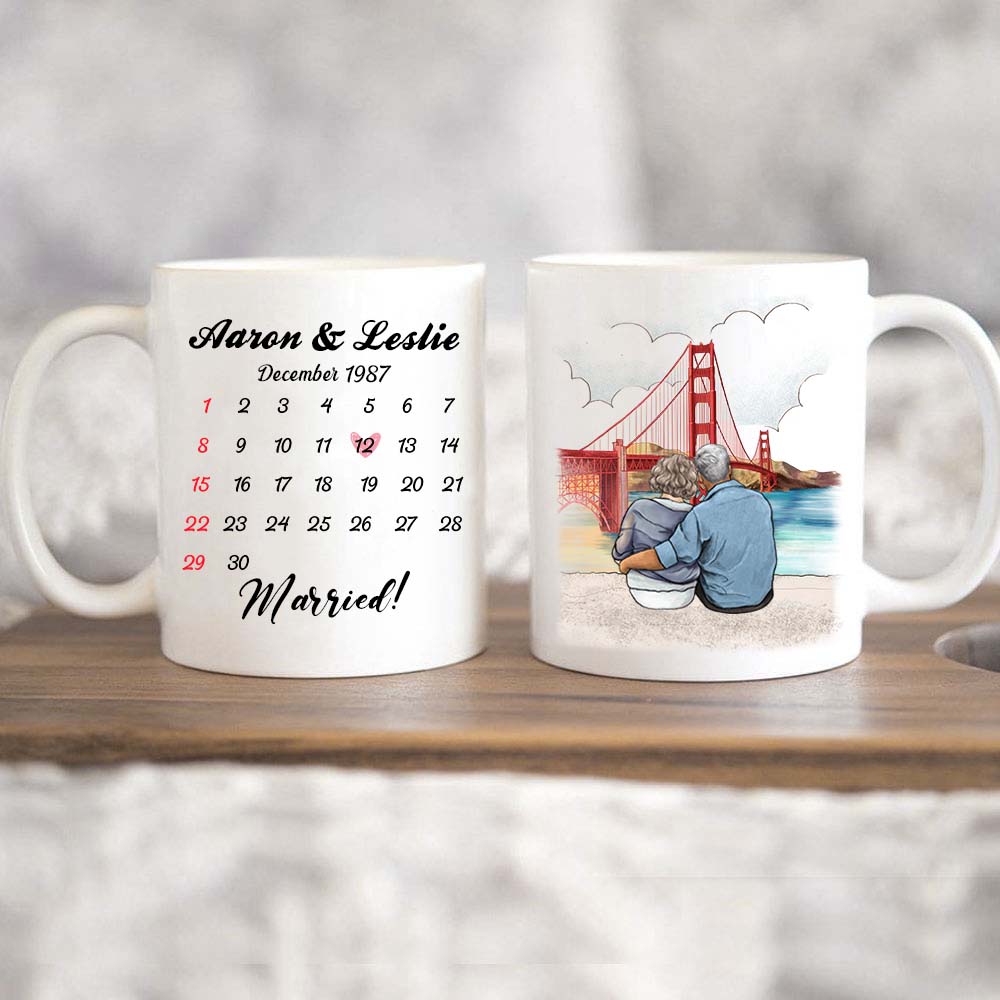 Personalized Anniversary Calendar Coffee Mug Gifts For Him For Her Couple Golden Gate