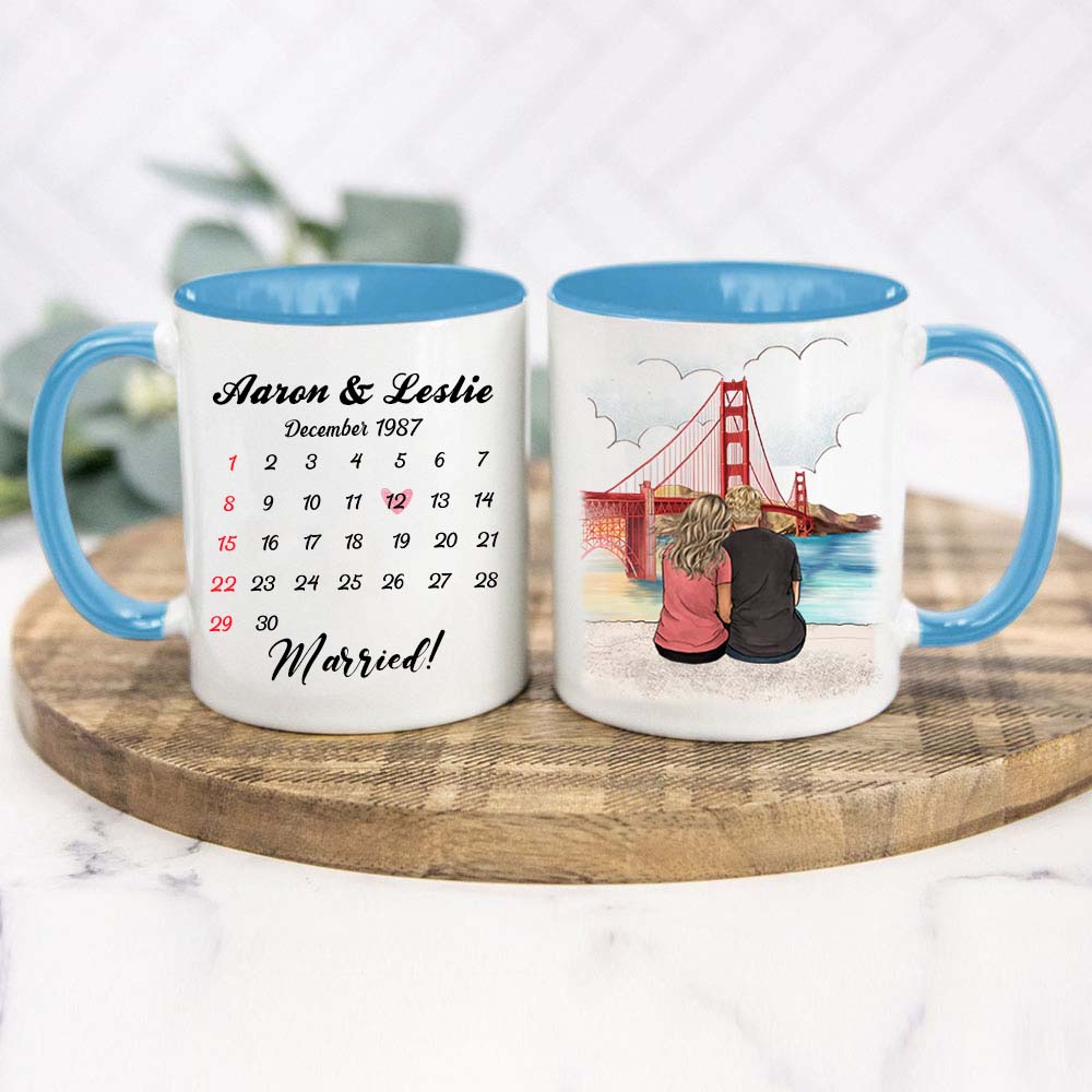 Personalized Anniversary Calendar Accent Mug Gifts For Him For Her Couple Golden Gate