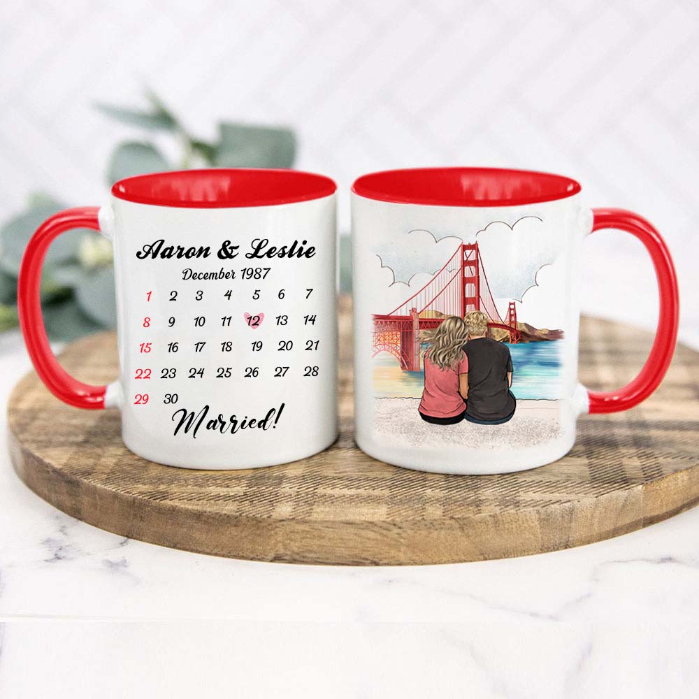 Personalized Anniversary Calendar Accent Mug Gifts For Him For Her Couple Golden Gate