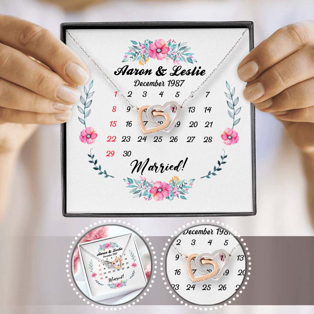 Personalized gifts for him for her Interlocking Hearts Necklace with message card - Anniversary Calendar
