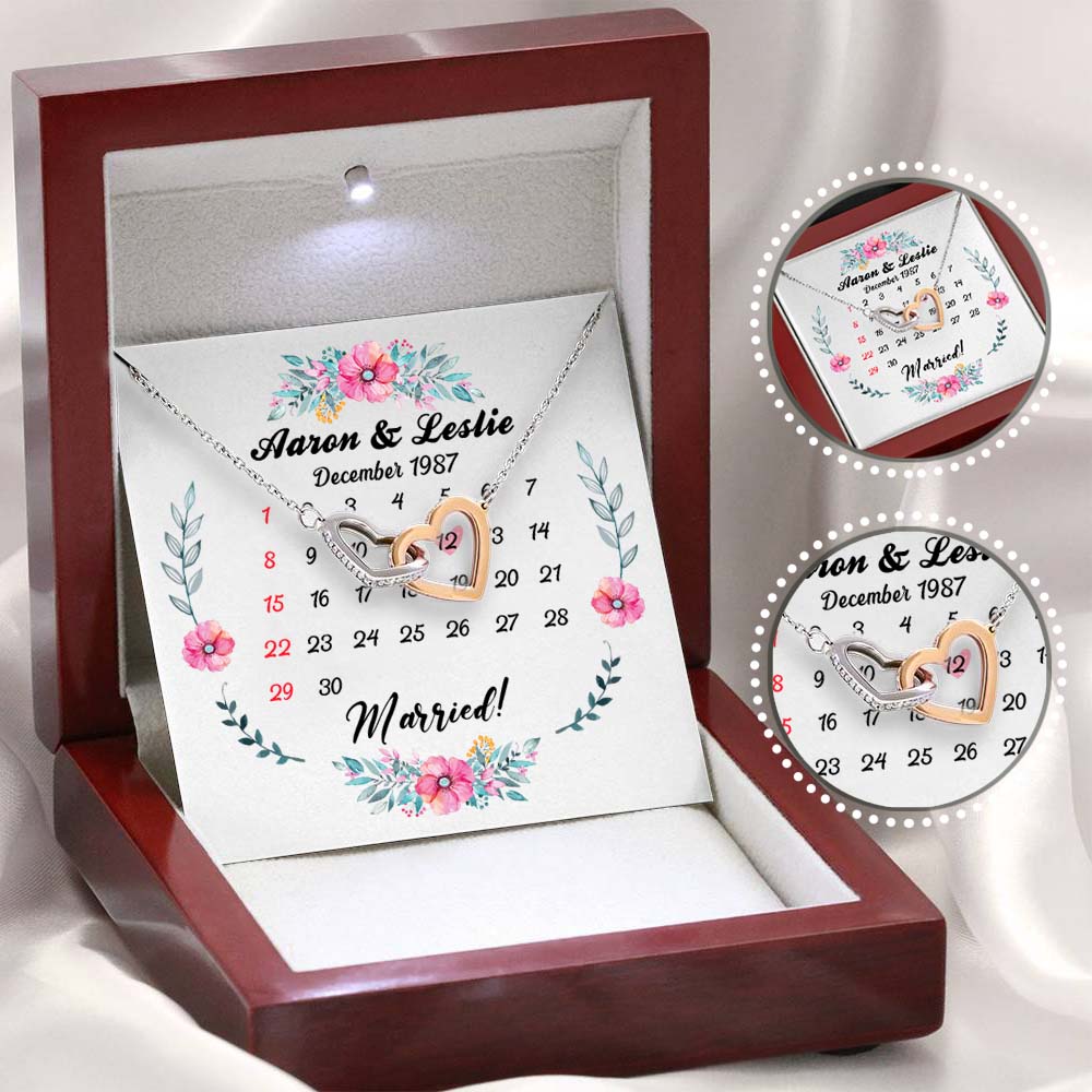 Personalized gifts for him for her Interlocking Hearts Necklace with message card - Anniversary Calendar