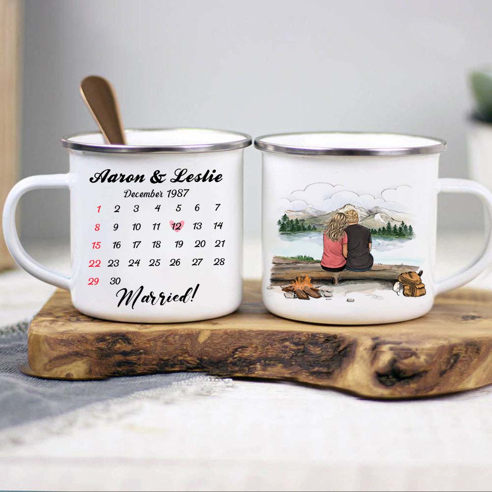 Personalized anniversary calendar campfire mug gifts for him for her - Mountain Hiking
