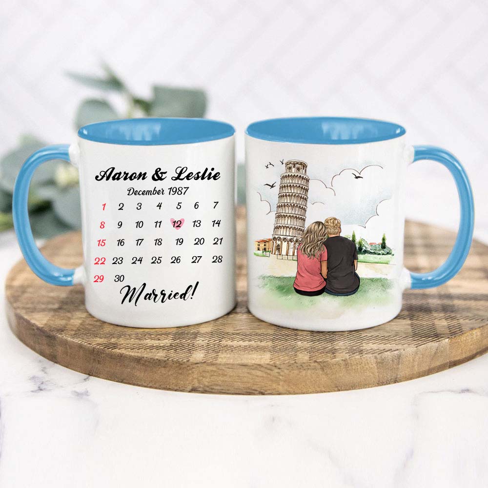 Personalized Anniversary Calendar Accent Mug Gifts For Him For Her Couple Pisa Tower