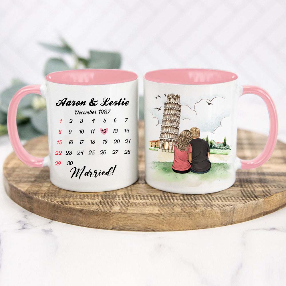 Personalized Anniversary Calendar Accent Mug Gifts For Him For Her Couple Pisa Tower