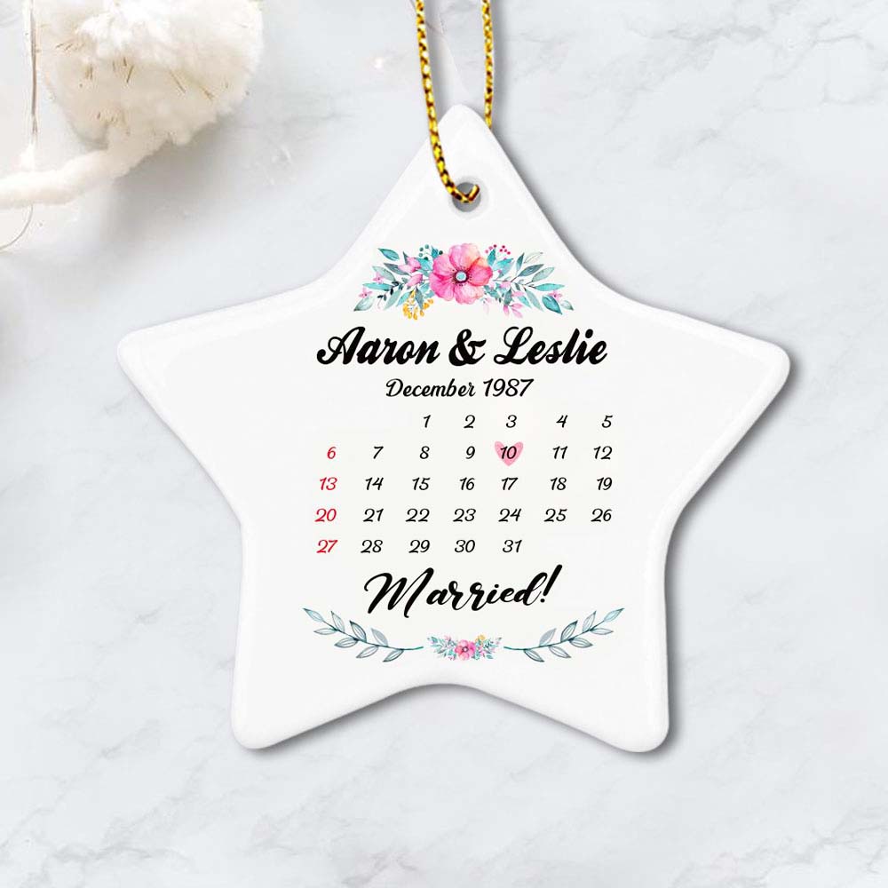 Personalized anniversary calendar ceramic ornament for him for her (PRINTED ON BOTH SIDES)