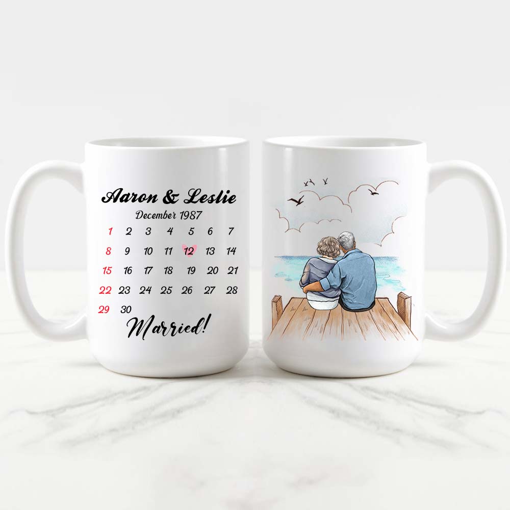 Personalized Anniversary Calendar Coffee Mug Gifts For Him For Her Couple Wooden Dock