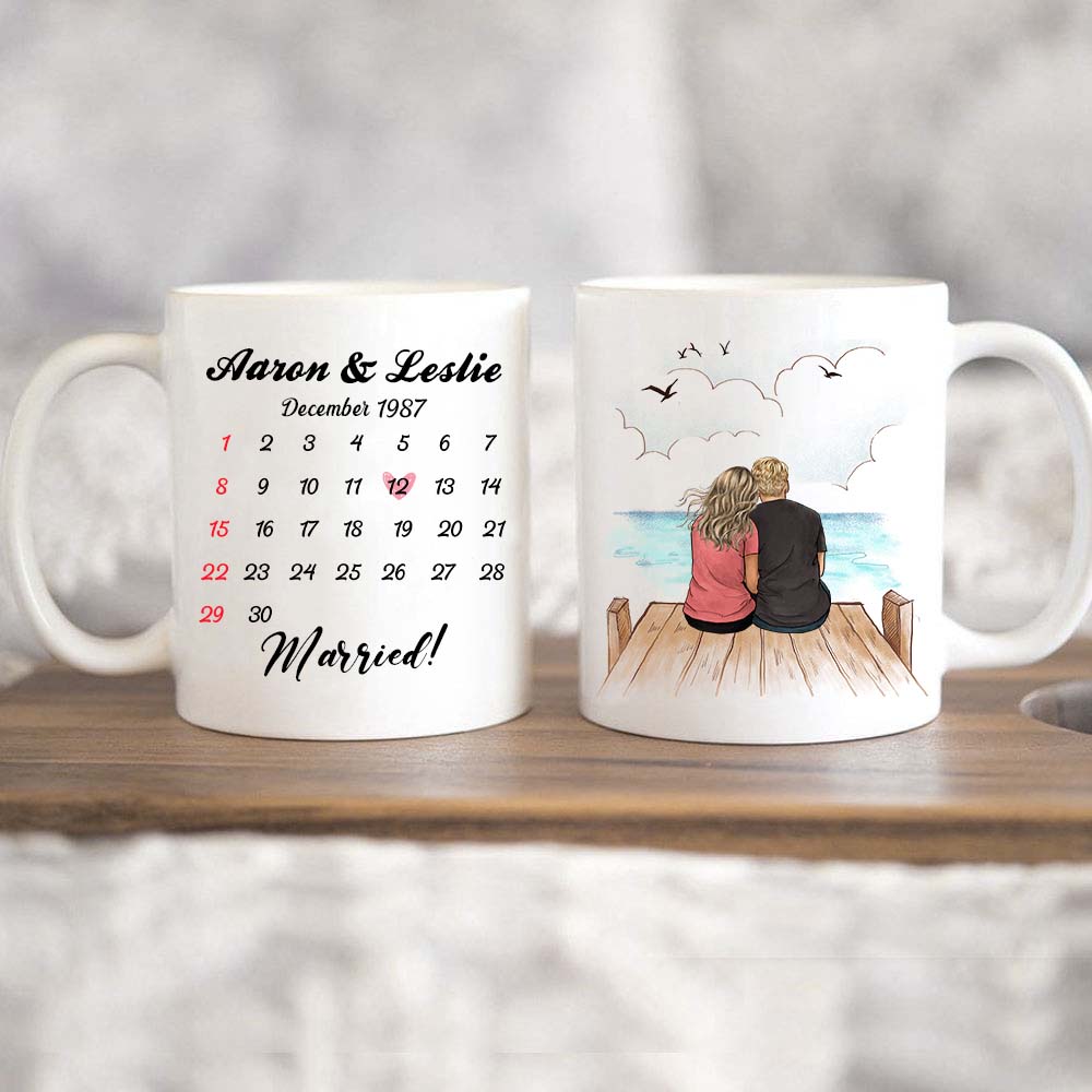 Personalized Anniversary Calendar Coffee Mug Gifts For Him For Her Couple Wooden Dock