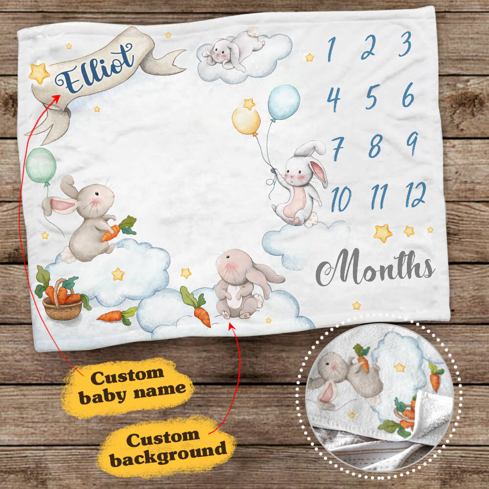 Personalized baby milestone fleece blanket - Cute rabbit background