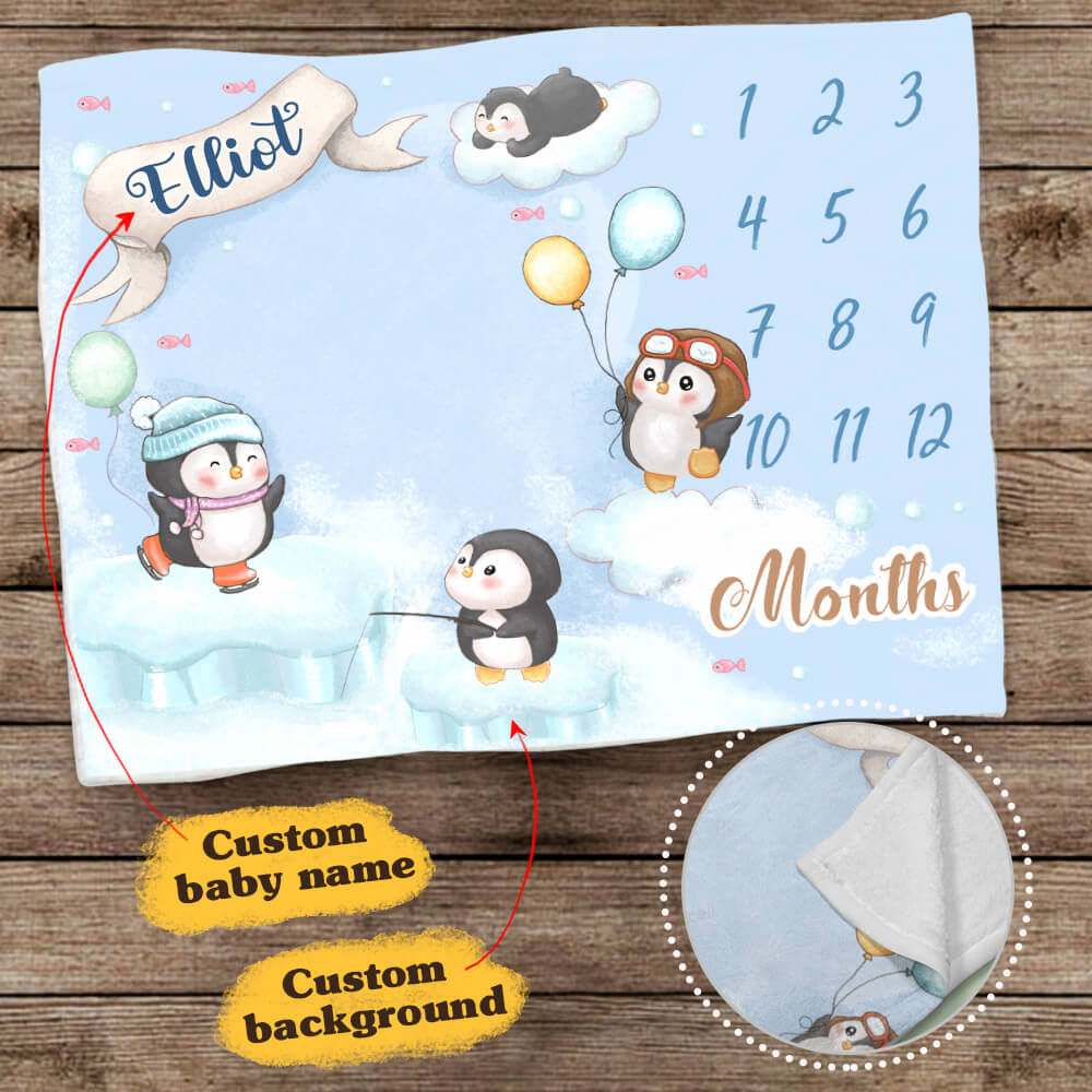 Personalized baby milestone fleece blanket - Cute penguin background