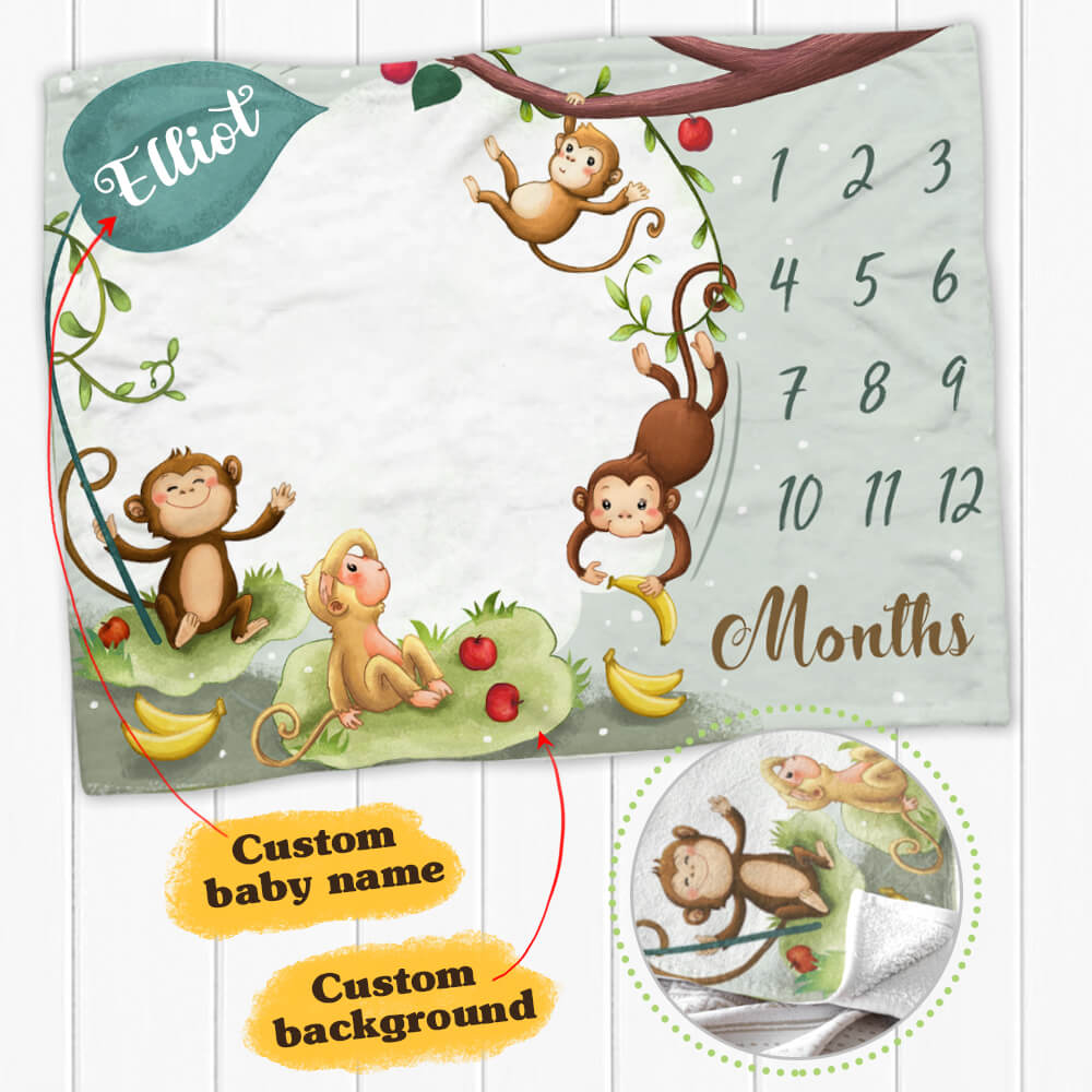 Personalized baby milestone fleece blanket - Cute monkey background