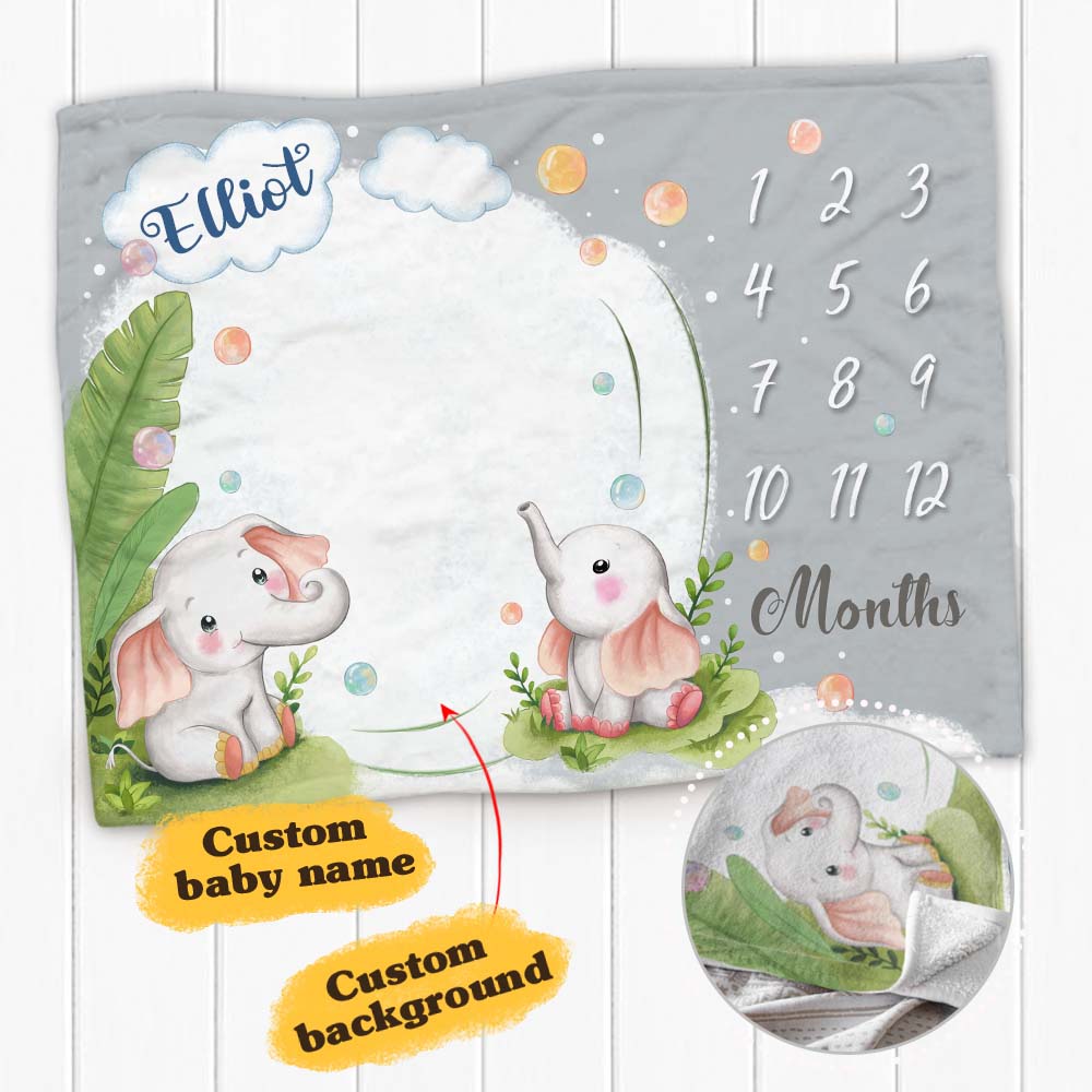Personalized baby milestone fleece blanket - Cute elephant background