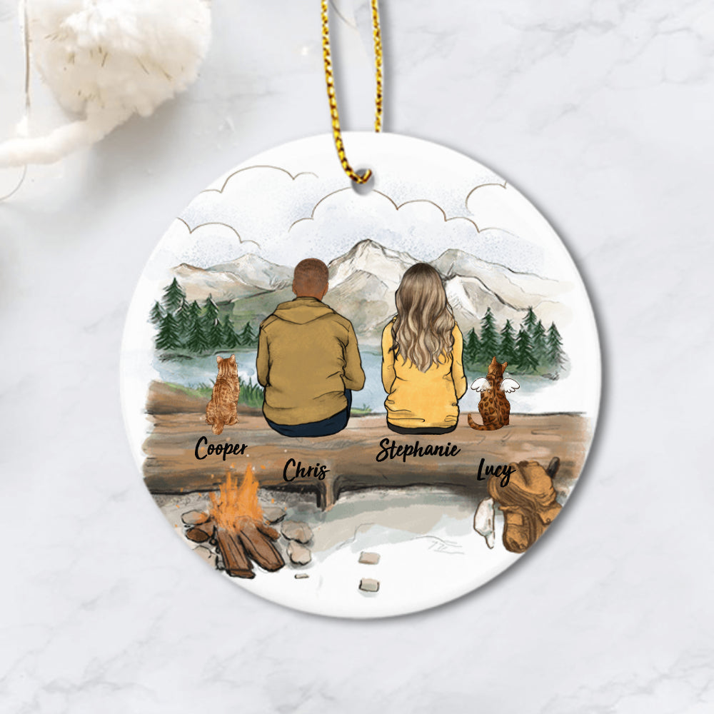 Personalized cat Christmas Ceramic Ornament gift for cat lovers (PRINTED ON BOTH SIDES) - CAT &amp; COUPLE -  Mountain - Hiking - 2408