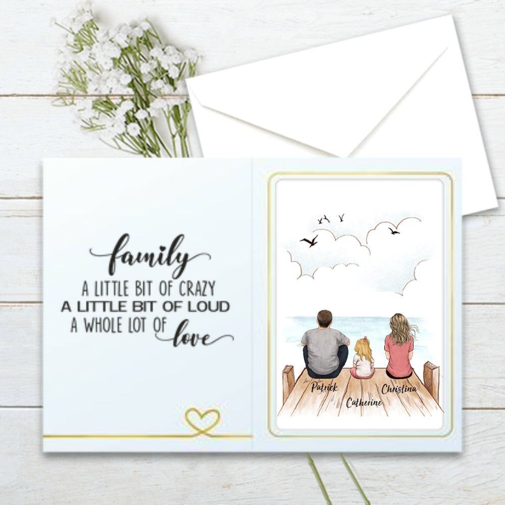 Personalized Family Folded Greeting Card gift for the whole family - UP TO 5 PEOPLE - Wooden Dock - Custom Message