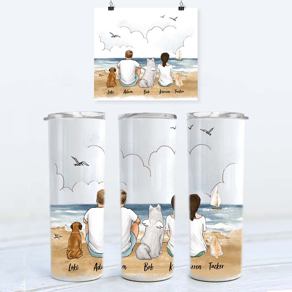 Personalized skinny tumbler gifts for dog lovers - DOG & COUPLE - Beach