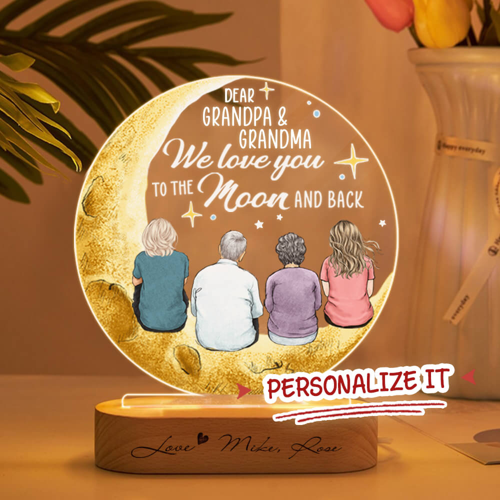 Personalized Grandparents LED Night Light – Gift For Grandpa Grandma – Moon Background – Love You To The Moon And Back