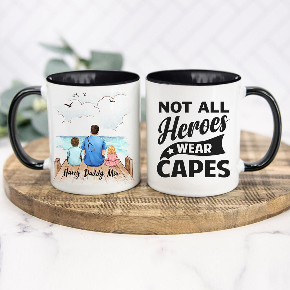 Personalized Father&#39;s day accent mug gifts for doctor dad  - Up to 5 people - Wooden Dock