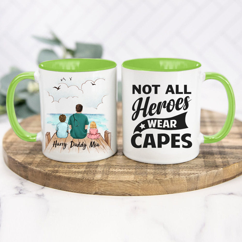 Personalized Father&#39;s day accent mug gifts for doctor dad  - Up to 5 people - Wooden Dock