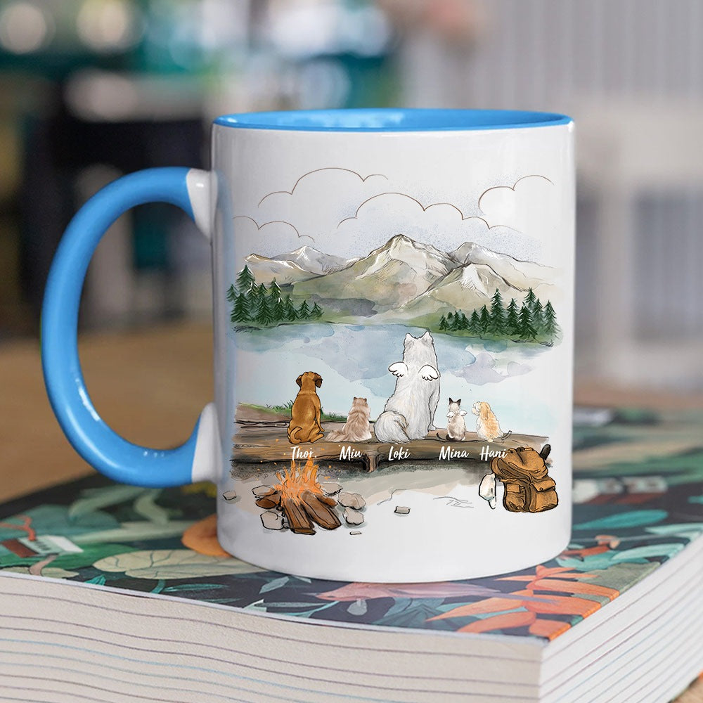 owner hiking with dog and cat light blue two tone accent mug gift for dog cat lovers