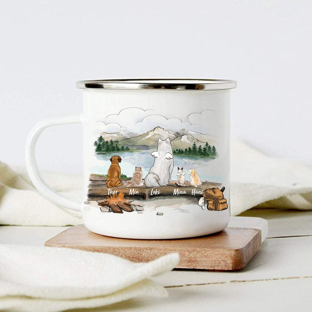 owner hiking with dog and cat campfire mug gift for dog cat lovers